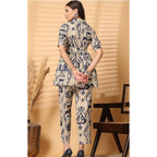 "Beige & Navy Abstract Printed Co-ord Set for Women – Stylish Shirt Top with Pants"