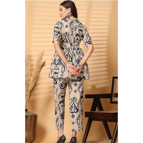 "Beige & Navy Abstract Printed Co-ord Set for Women – Stylish Shirt Top with Pants"