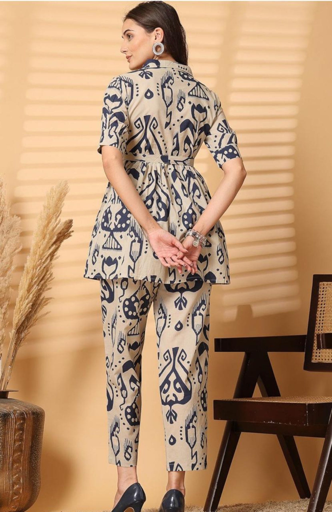 "Beige & Navy Abstract Printed Co-ord Set for Women – Stylish Shirt Top with Pants"