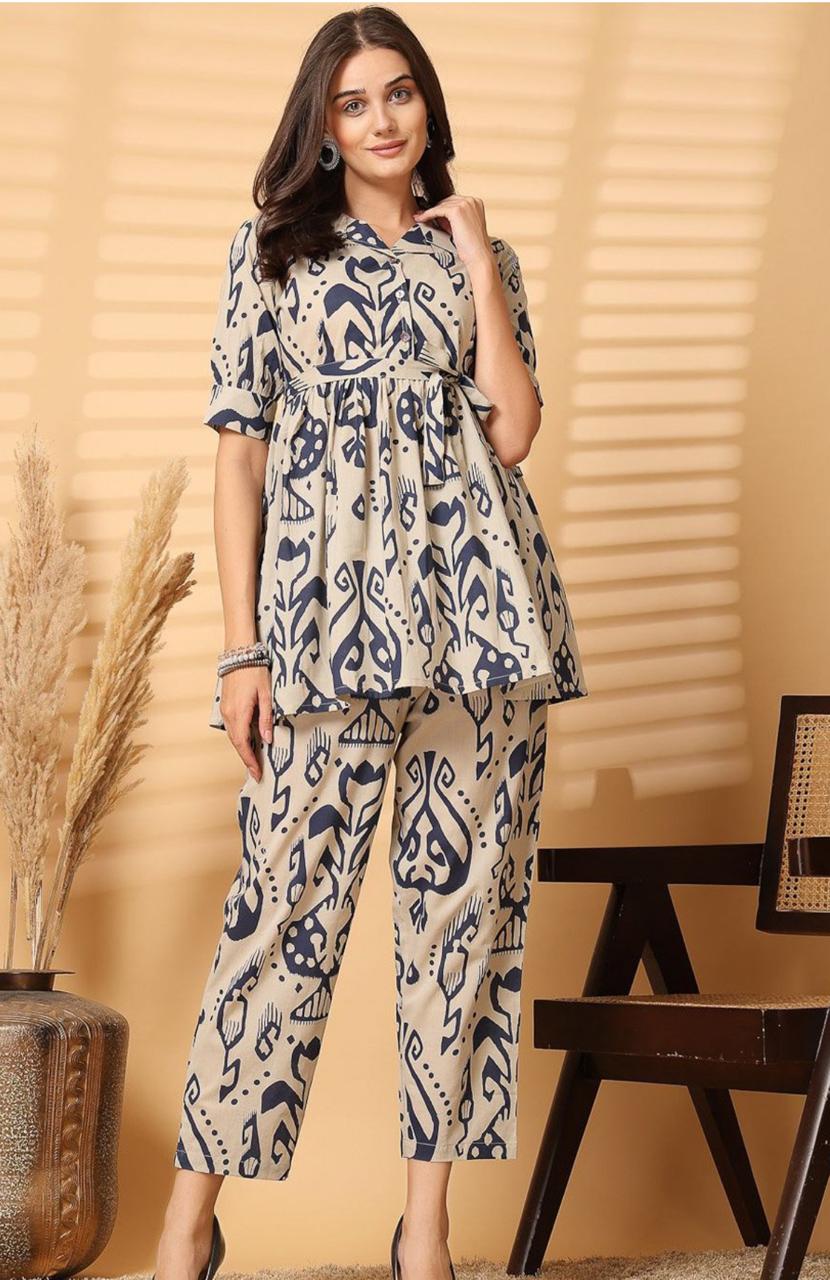 "Beige & Navy Abstract Printed Co-ord Set for Women – Stylish Shirt Top with Pants"