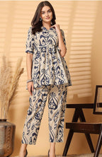 "Beige & Navy Abstract Printed Co-ord Set for Women – Stylish Shirt Top with Pants"