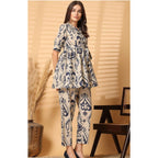 "Beige & Navy Abstract Printed Co-ord Set for Women – Stylish Shirt Top with Pants"