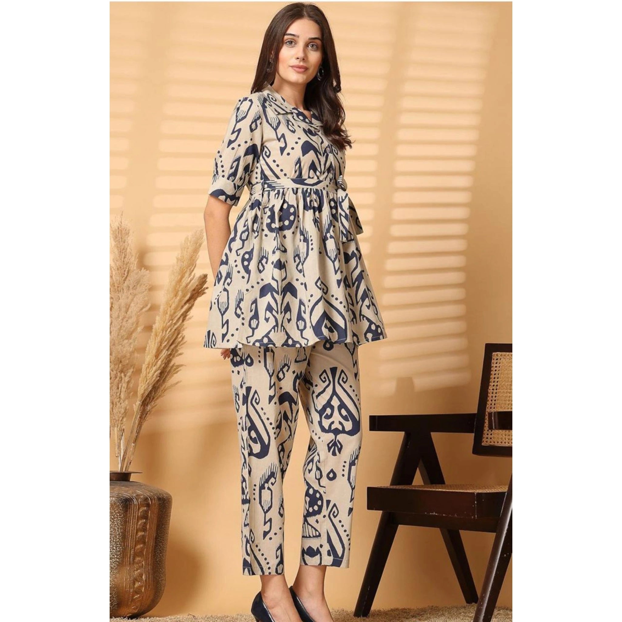 "Beige & Navy Abstract Printed Co-ord Set for Women – Stylish Shirt Top with Pants"