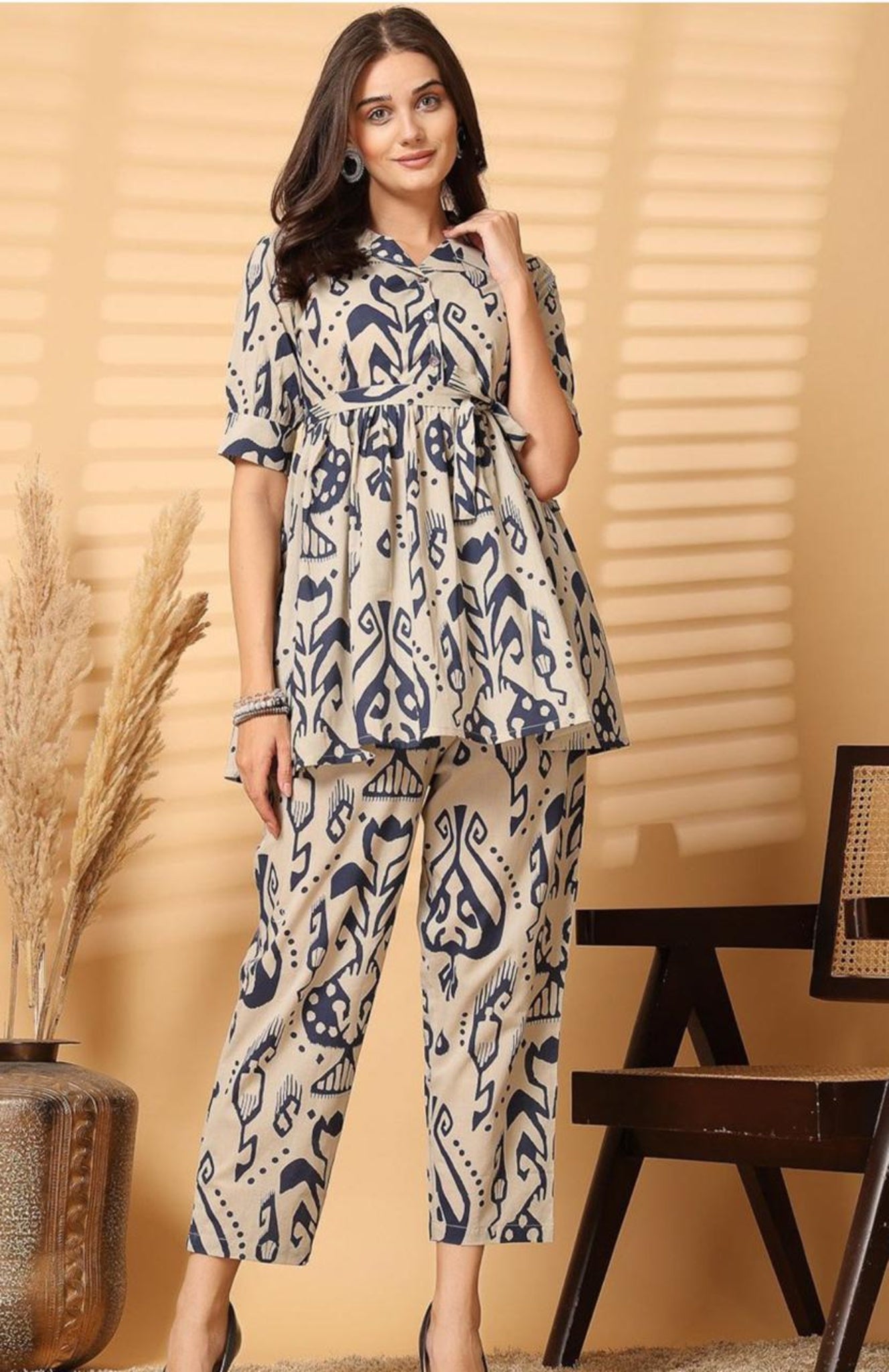 "Beige & Navy Abstract Printed Co-ord Set for Women – Stylish Shirt Top with Pants"
