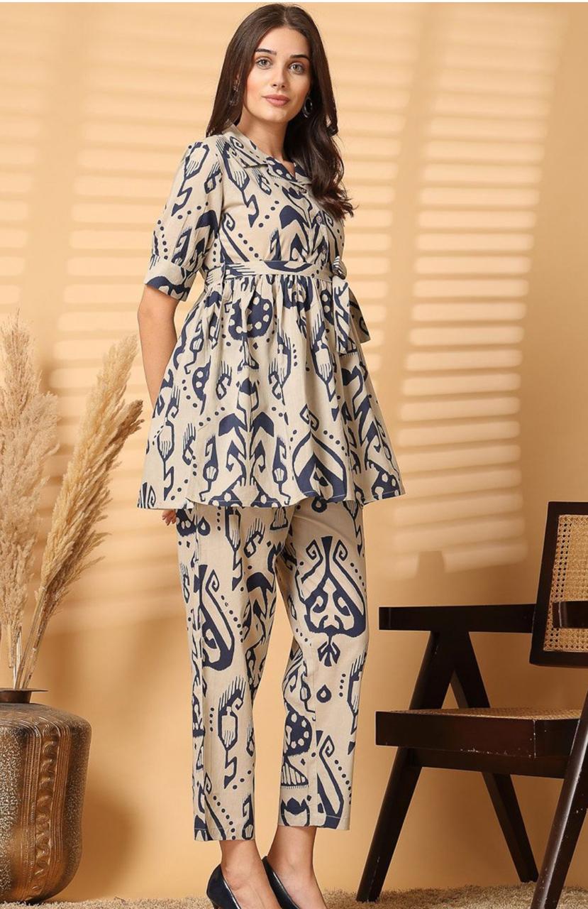 "Beige & Navy Abstract Printed Co-ord Set for Women – Stylish Shirt Top with Pants"