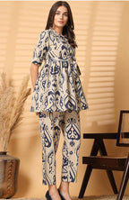 "Beige & Navy Abstract Printed Co-ord Set for Women – Stylish Shirt Top with Pants"