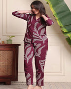 Women’s Maroon Printed Rayon Night Suit Set – Soft & Breathable Loungewear
