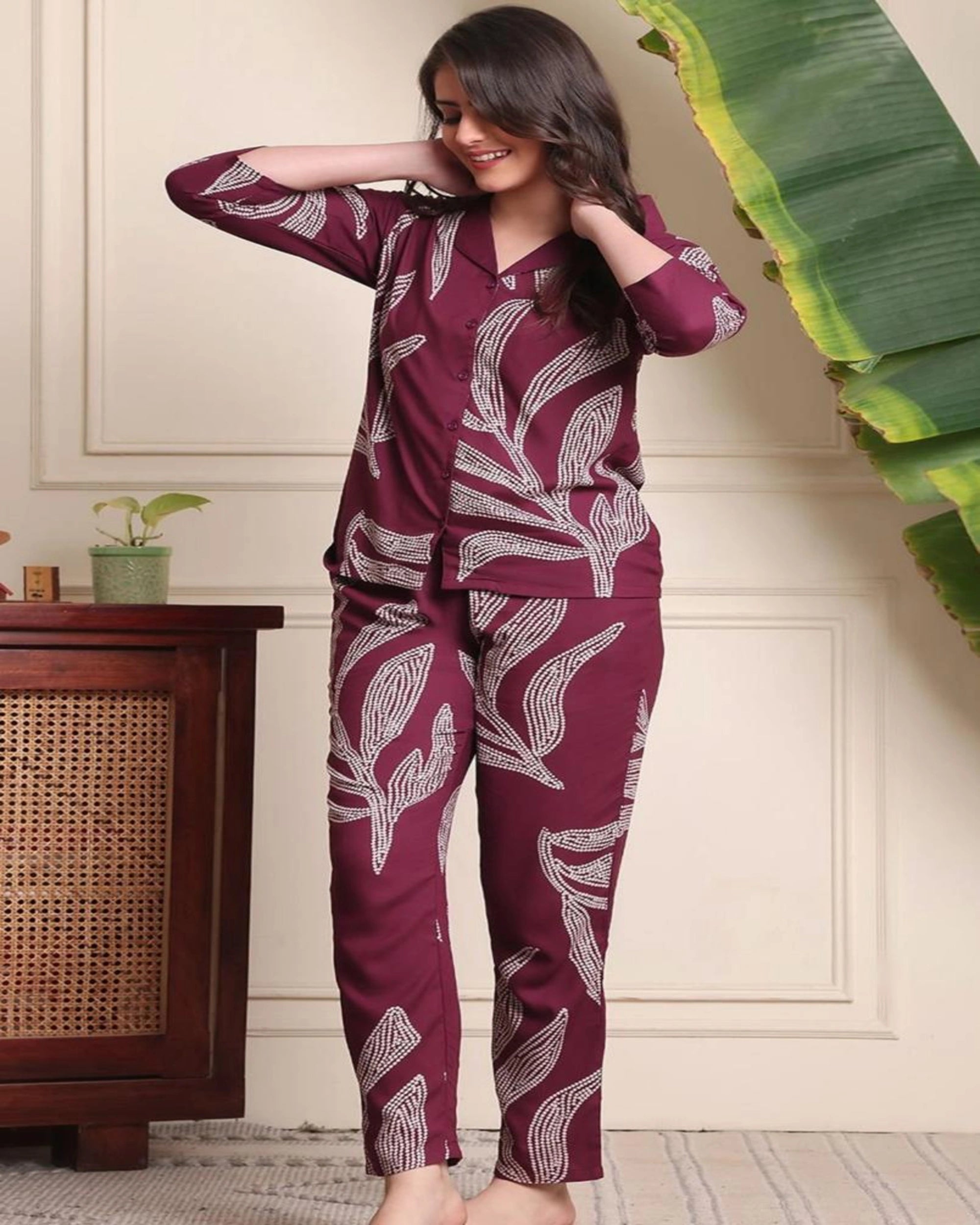 Women’s Maroon Printed Rayon Night Suit Set – Soft & Breathable Loungewear