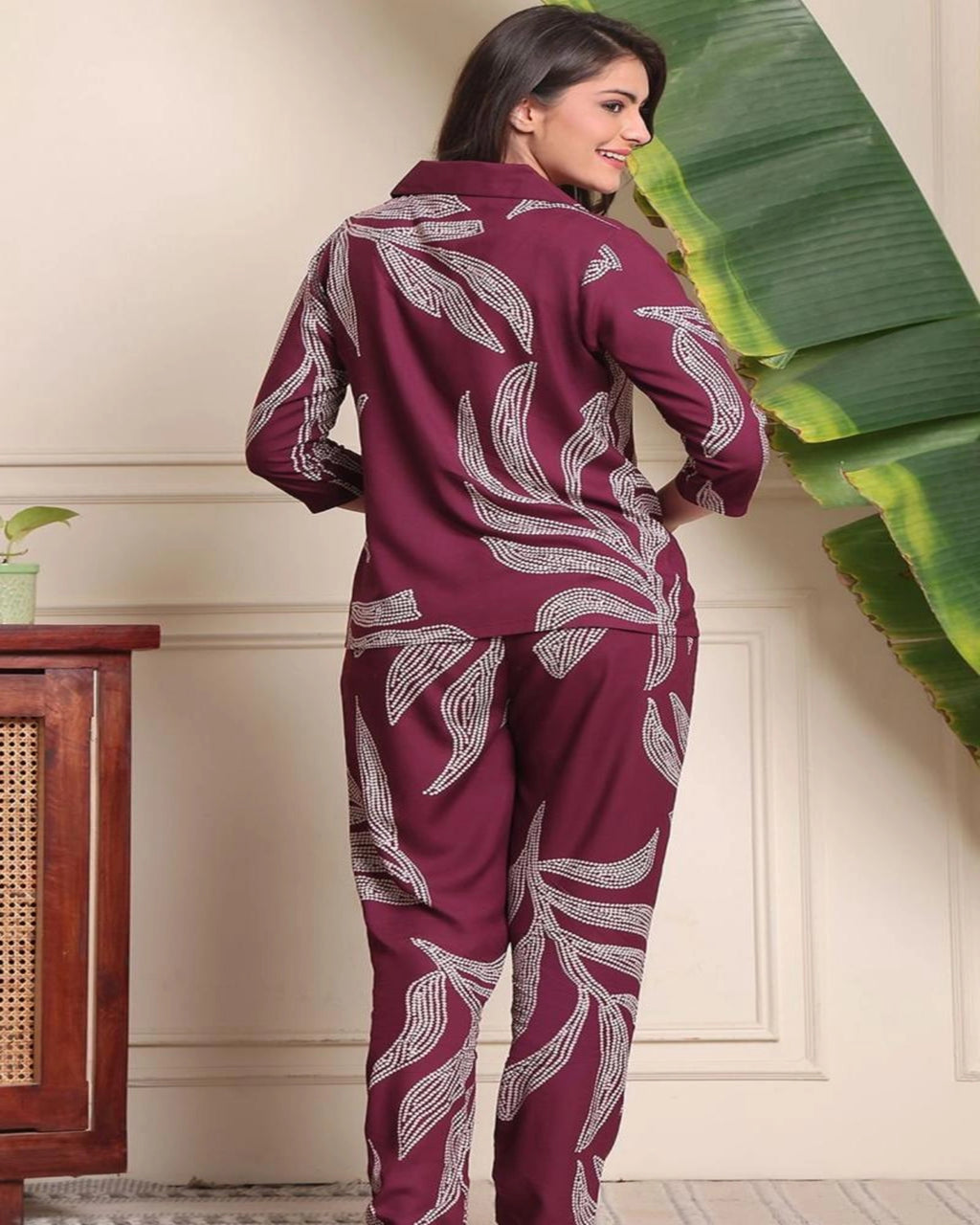 Women’s Maroon Printed Rayon Night Suit Set – Soft & Breathable Loungewear