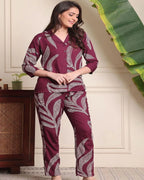 Women’s Maroon Printed Rayon Night Suit Set – Soft & Breathable Loungewear