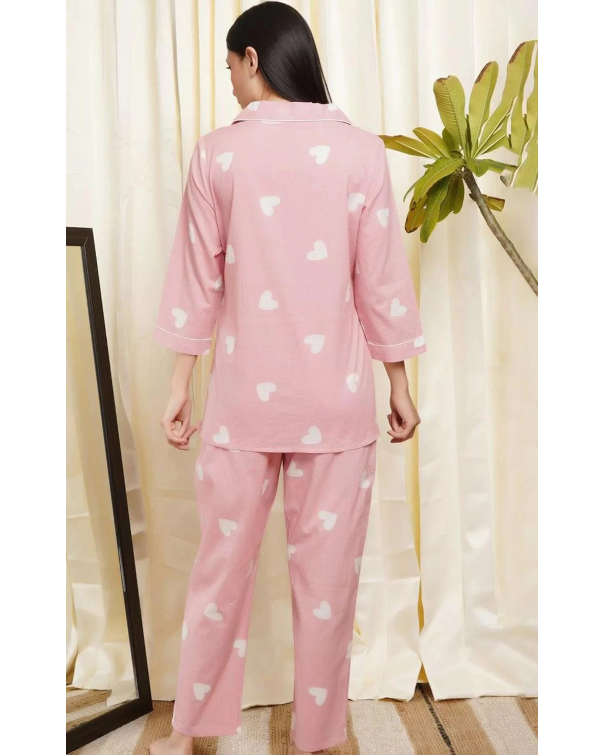 Women’s Pink Heart Print Cotton Night Suit – Soft Button-Down Sleepwear Set