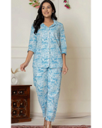 Women’s Blue Printed Cotton Night Suit – Button-Down Sleepwear Set