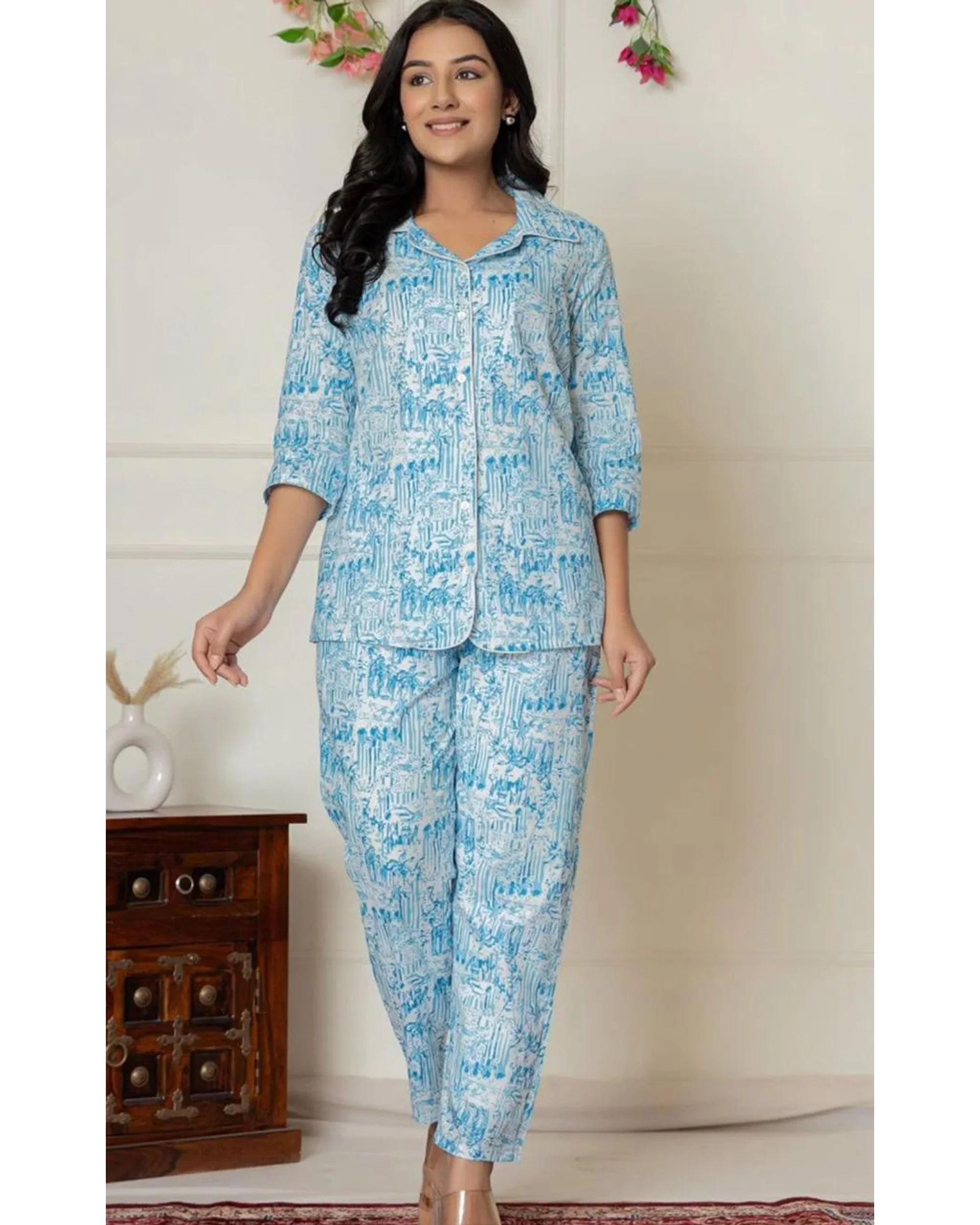 Women’s Blue Printed Cotton Night Suit – Button-Down Sleepwear Set