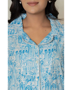 Women’s Blue Printed Cotton Night Suit – Button-Down Sleepwear Set