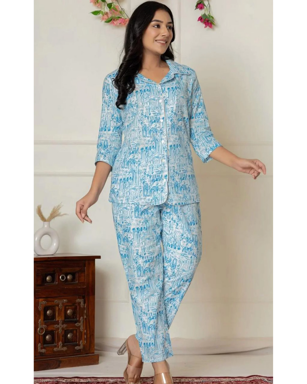 Women’s Blue Printed Cotton Night Suit – Button-Down Sleepwear Set