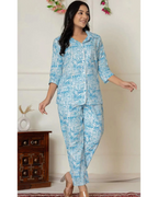 Women’s Blue Printed Cotton Night Suit – Button-Down Sleepwear Set