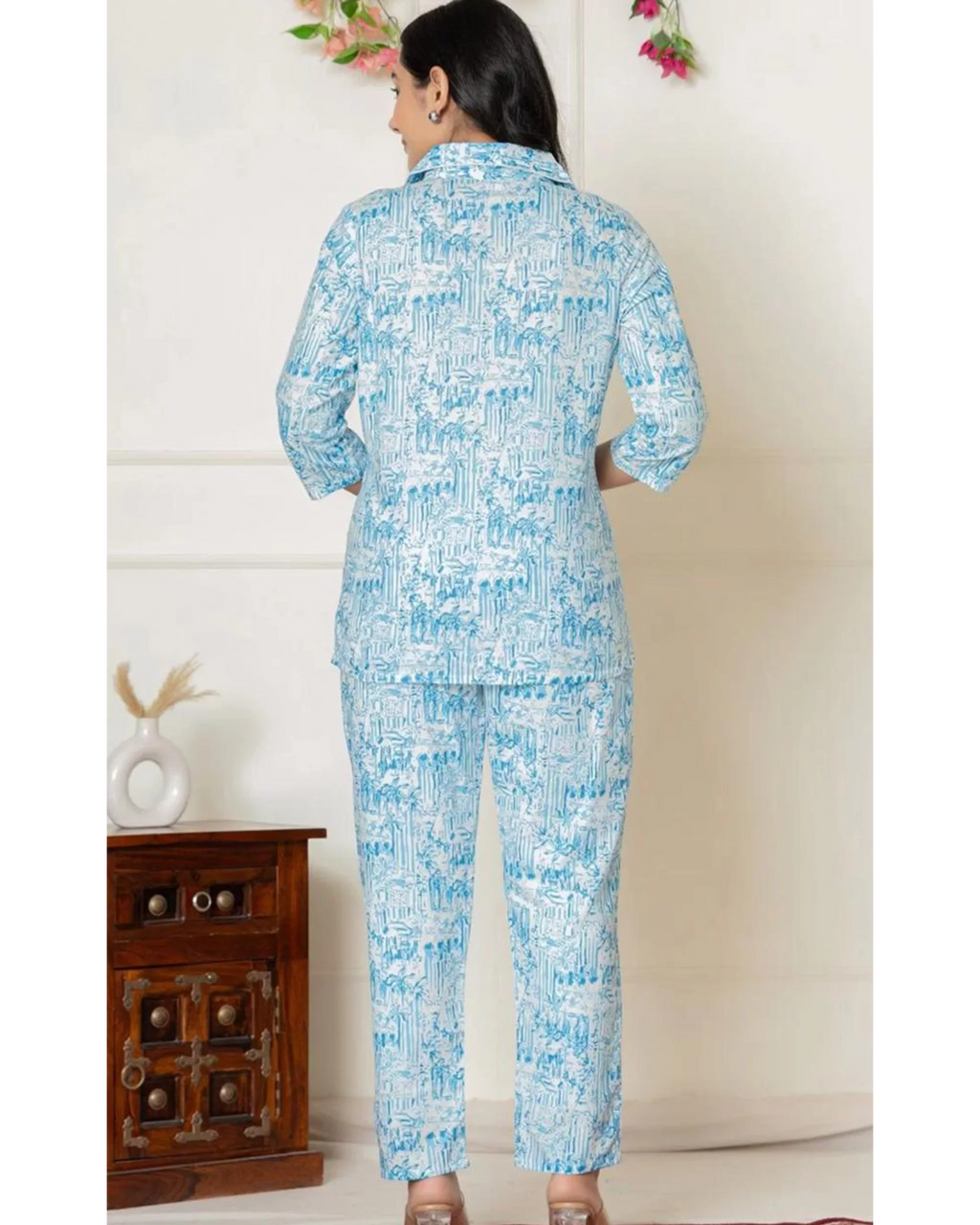 Women’s Blue Printed Cotton Night Suit – Button-Down Sleepwear Set