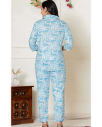 Women’s Blue Printed Cotton Night Suit – Button-Down Sleepwear Set