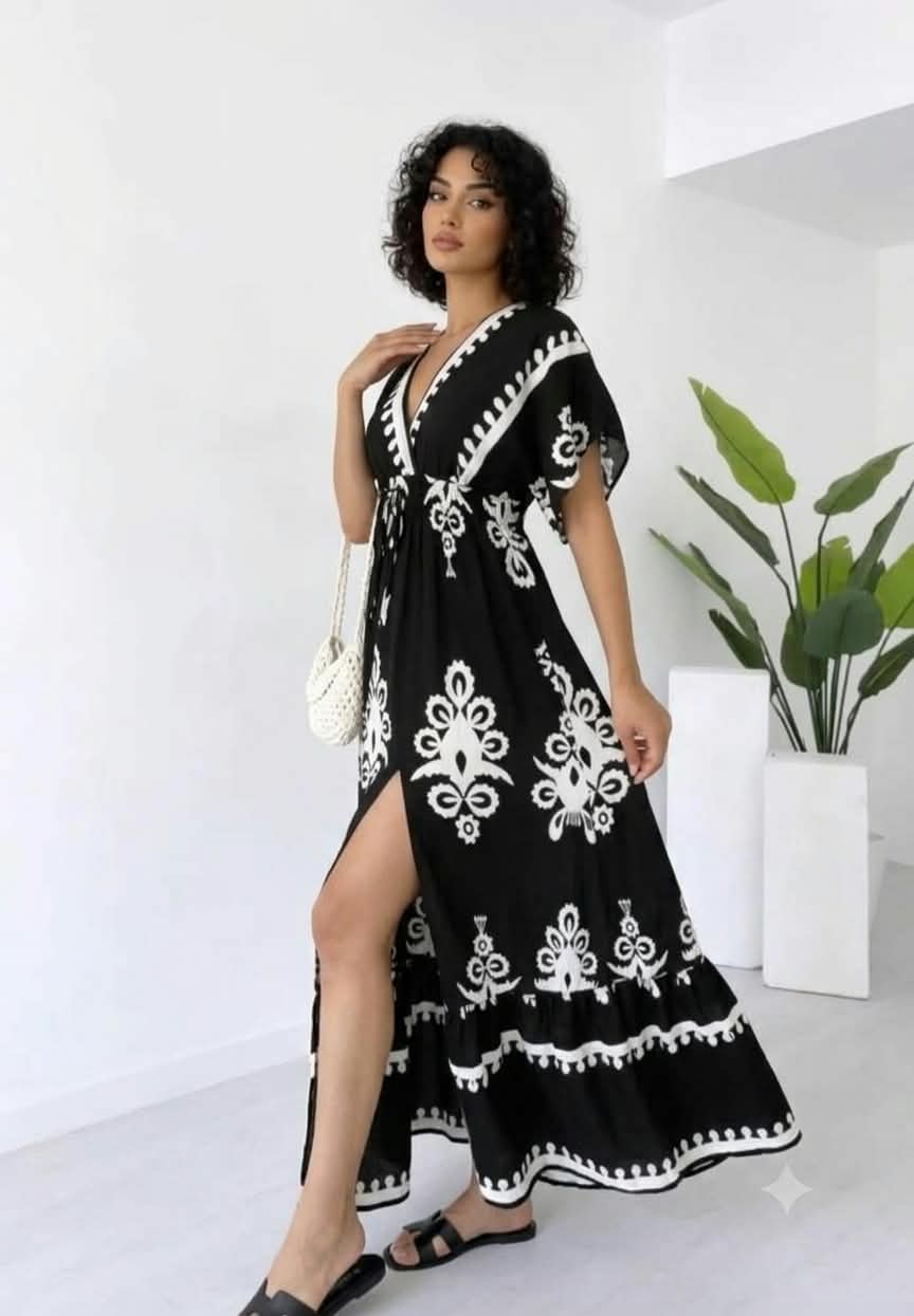Clothycorp Black & White Printed V-Neck Maxi Dress for Women