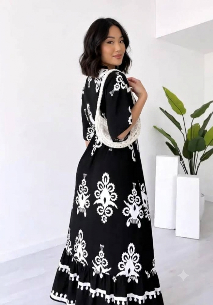 Clothycorp Black & White Printed V-Neck Maxi Dress for Women