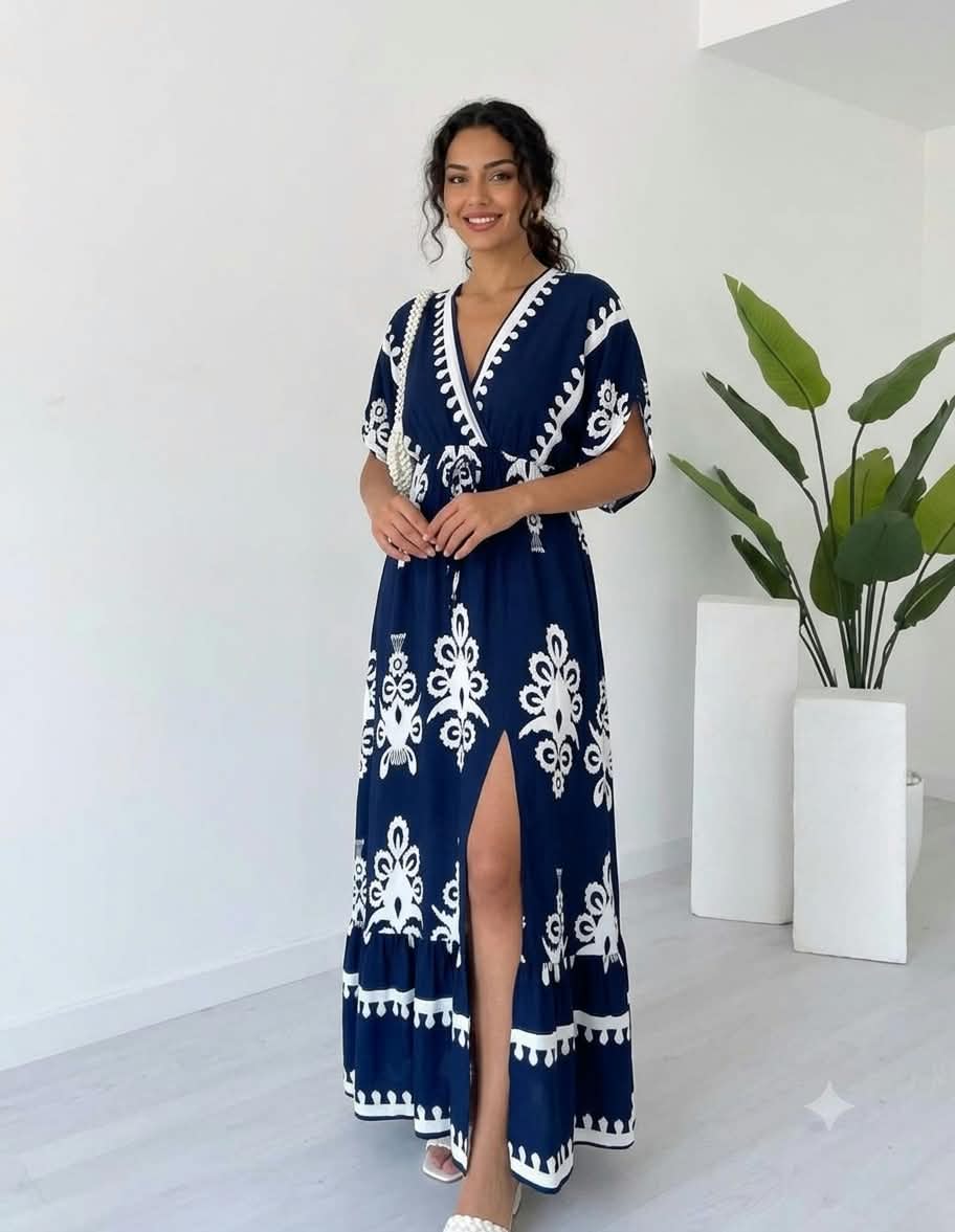 Clothycorp Navy Blue & White Printed V-Neck Maxi Dress for Women
