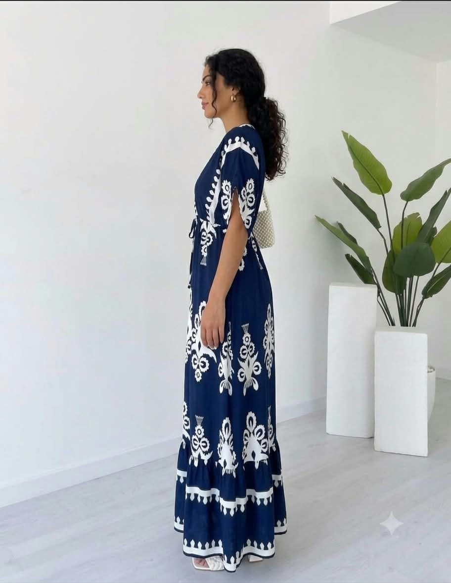 Clothycorp Navy Blue & White Printed V-Neck Maxi Dress for Women
