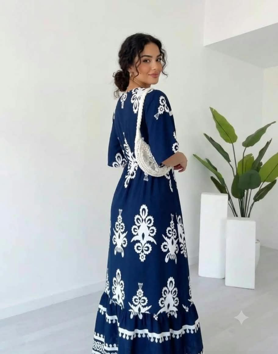 Clothycorp Navy Blue & White Printed V-Neck Maxi Dress for Women