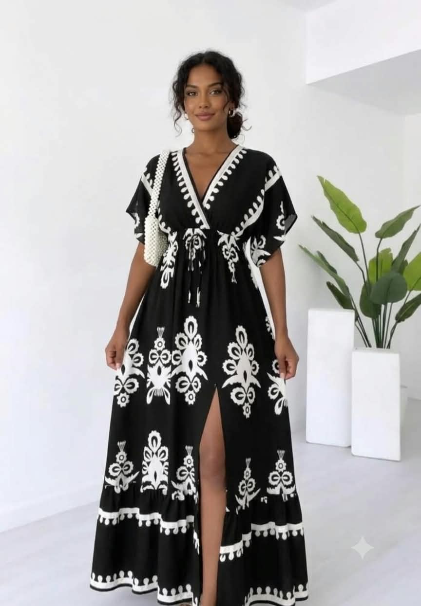 Clothycorp Black & White Printed V-Neck Maxi Dress for Women