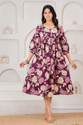 Elegant Plum Floral Printed Cotton Midi Dress for Women