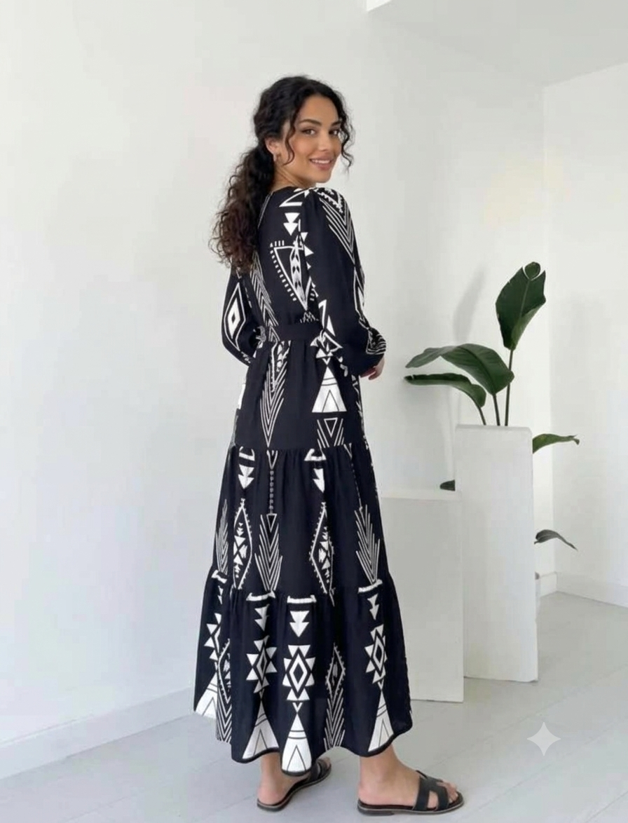 Clothycorp Black & White Geometric Printed Maxi Dress for Women