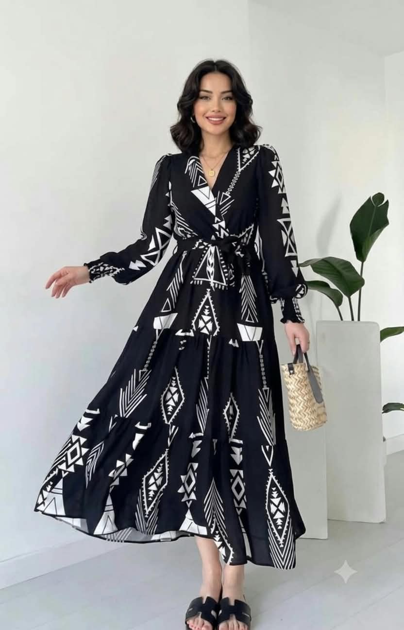 Clothycorp Black & White Geometric Printed Maxi Dress for Women