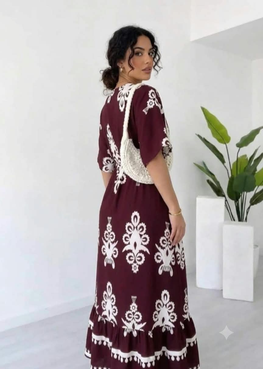 Clothycorp Wine & White Printed V-Neck Maxi Dress for Women