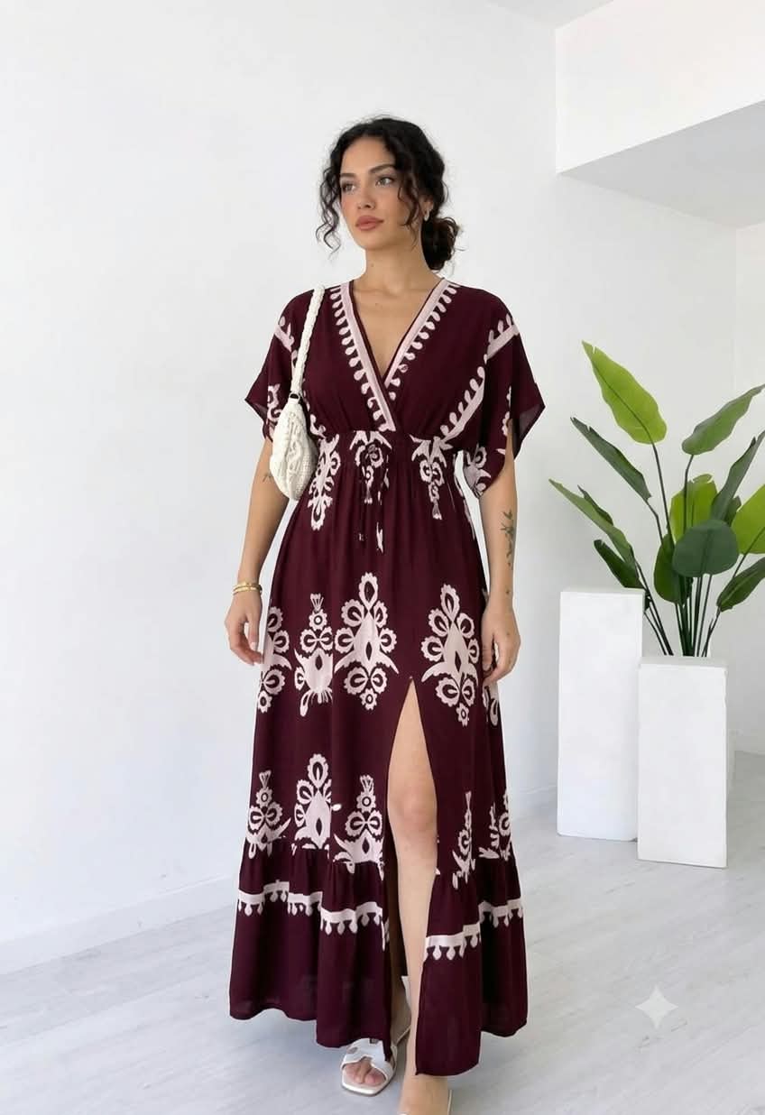 Clothycorp Wine & White Printed V-Neck Maxi Dress for Women