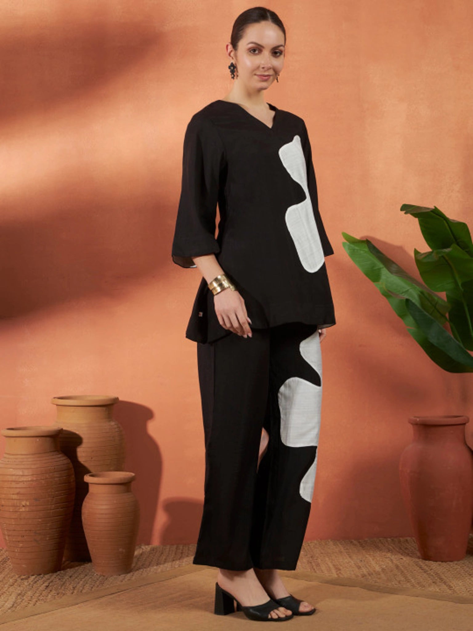 Black & White Abstract Print Co-Ord Set for Women