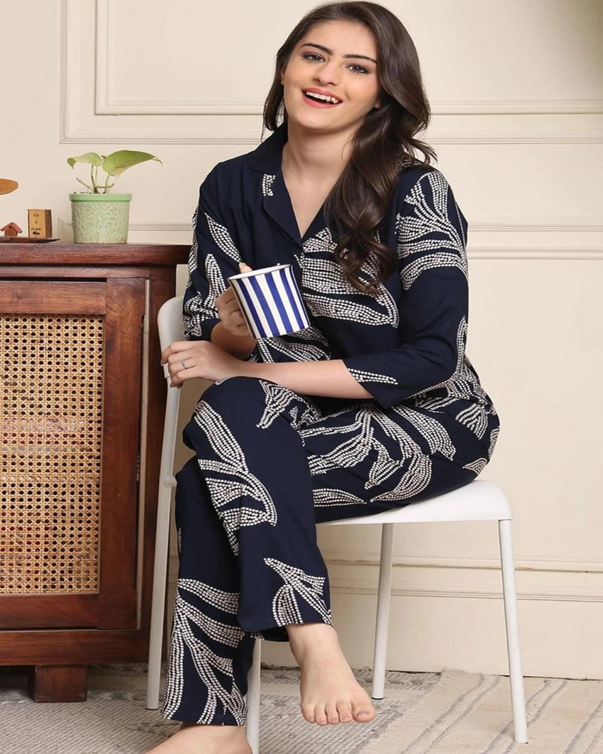Soft Touch Luxury Rayon Night Suit for Women – Navy Blue Printed
