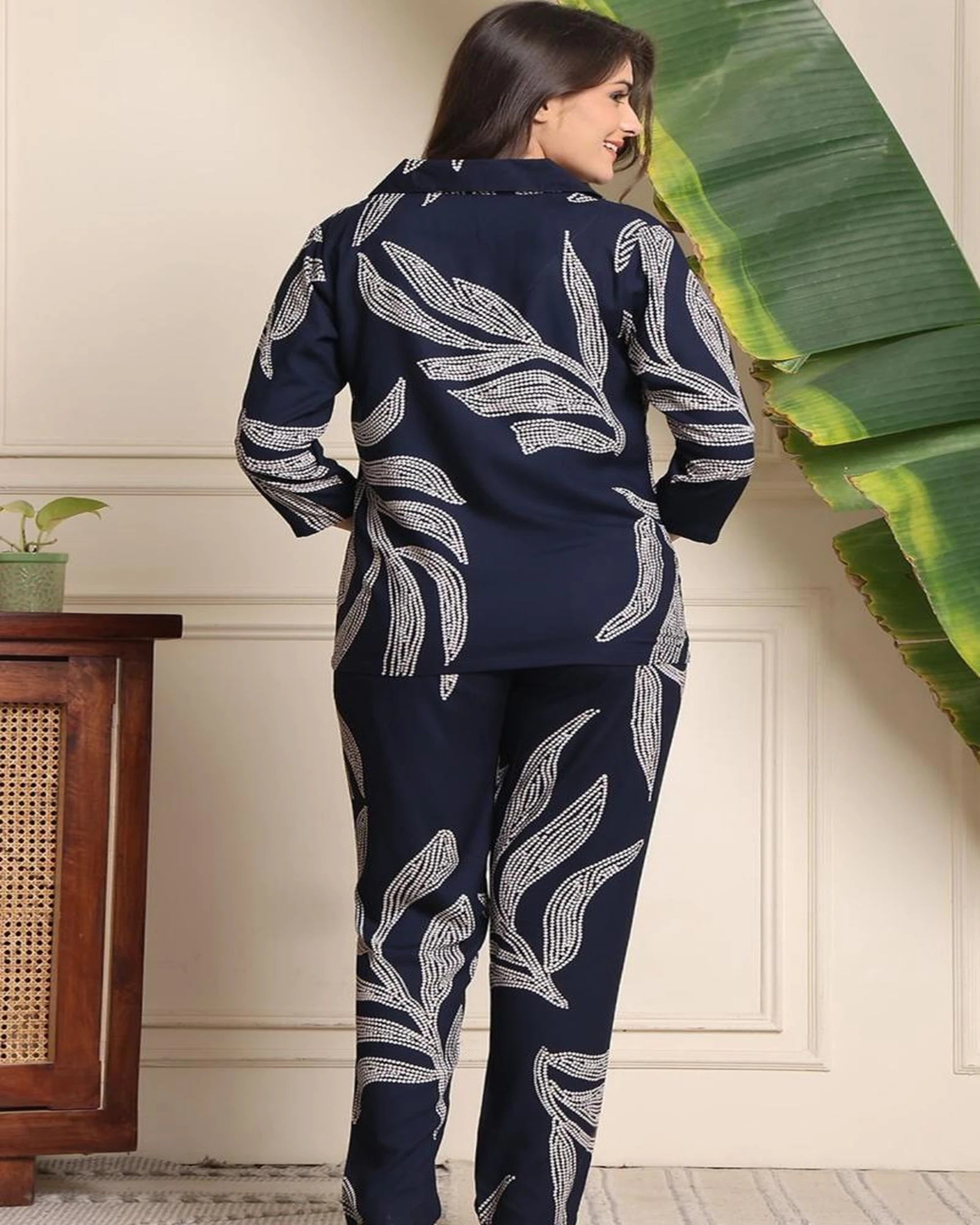 Soft Touch Luxury Rayon Night Suit for Women – Navy Blue Printed