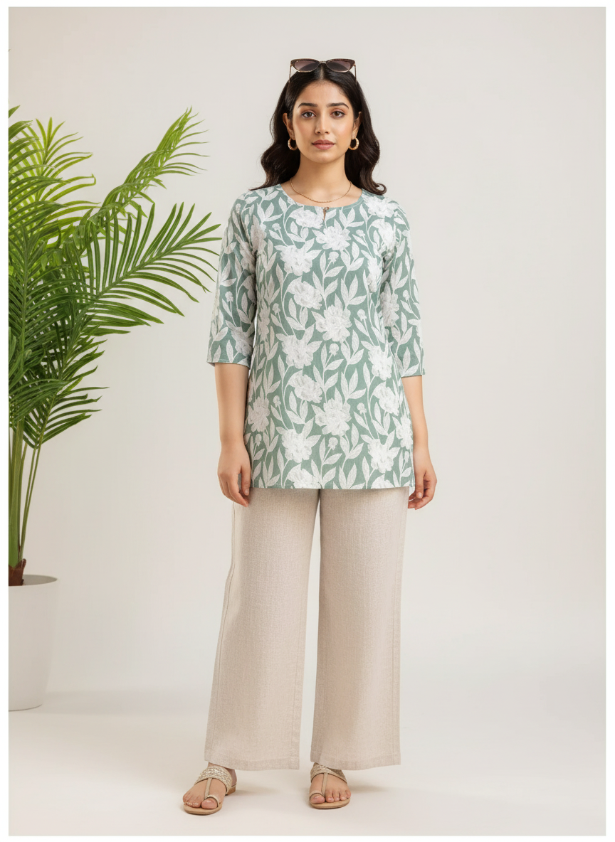 Sage Green Floral Print Cotton Kurti Top for Women