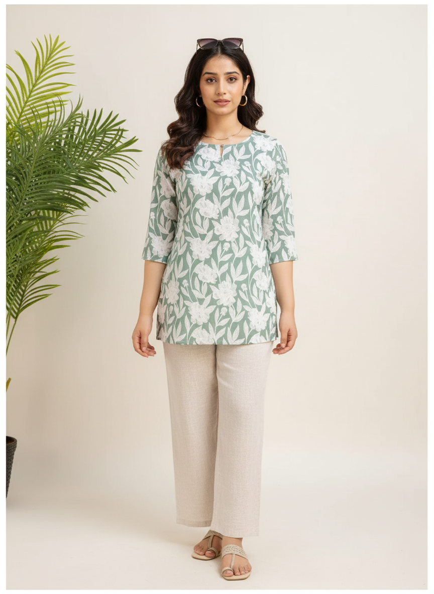 Sage Green Floral Print Cotton Kurti Top for Women