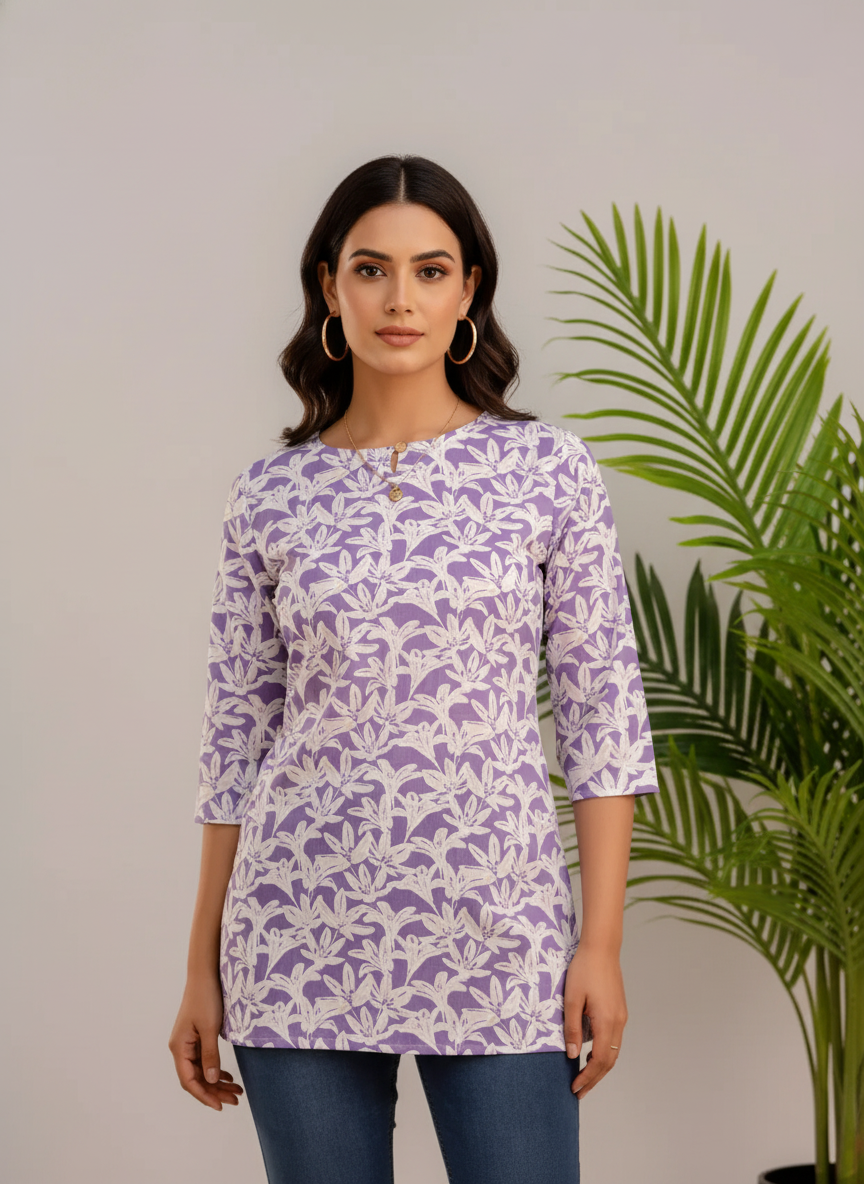 Elegant Floral Short kurti with 3/4th Sleeves – Lavender