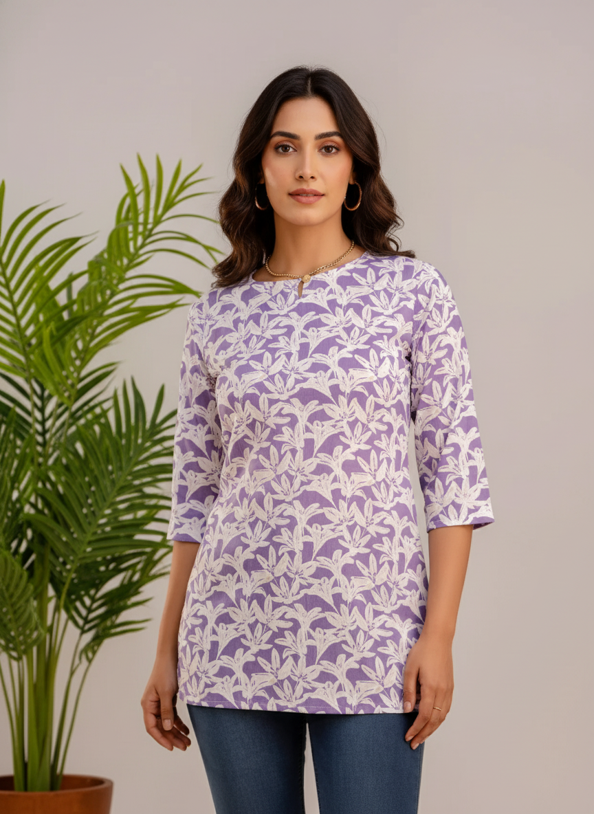 Elegant Floral Short kurti with 3/4th Sleeves – Lavender