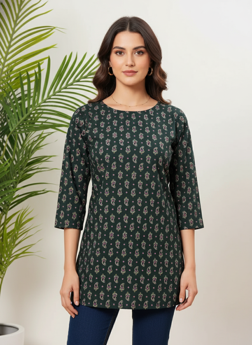 Dark Green Printed Straight Cotton Kurti for Women