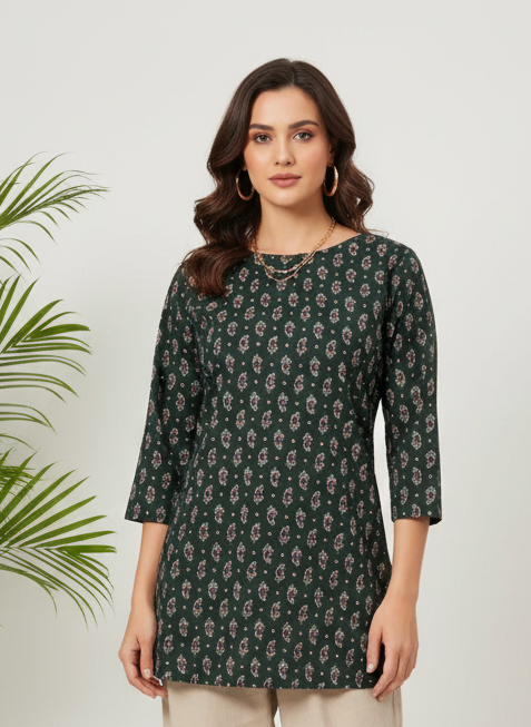 Dark Green Printed Straight Cotton Kurti for Women
