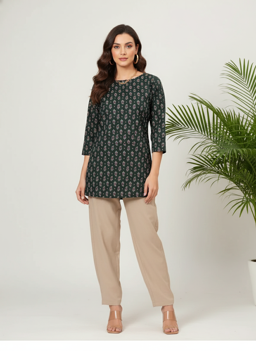 Dark Green Printed Straight Cotton Kurti for Women