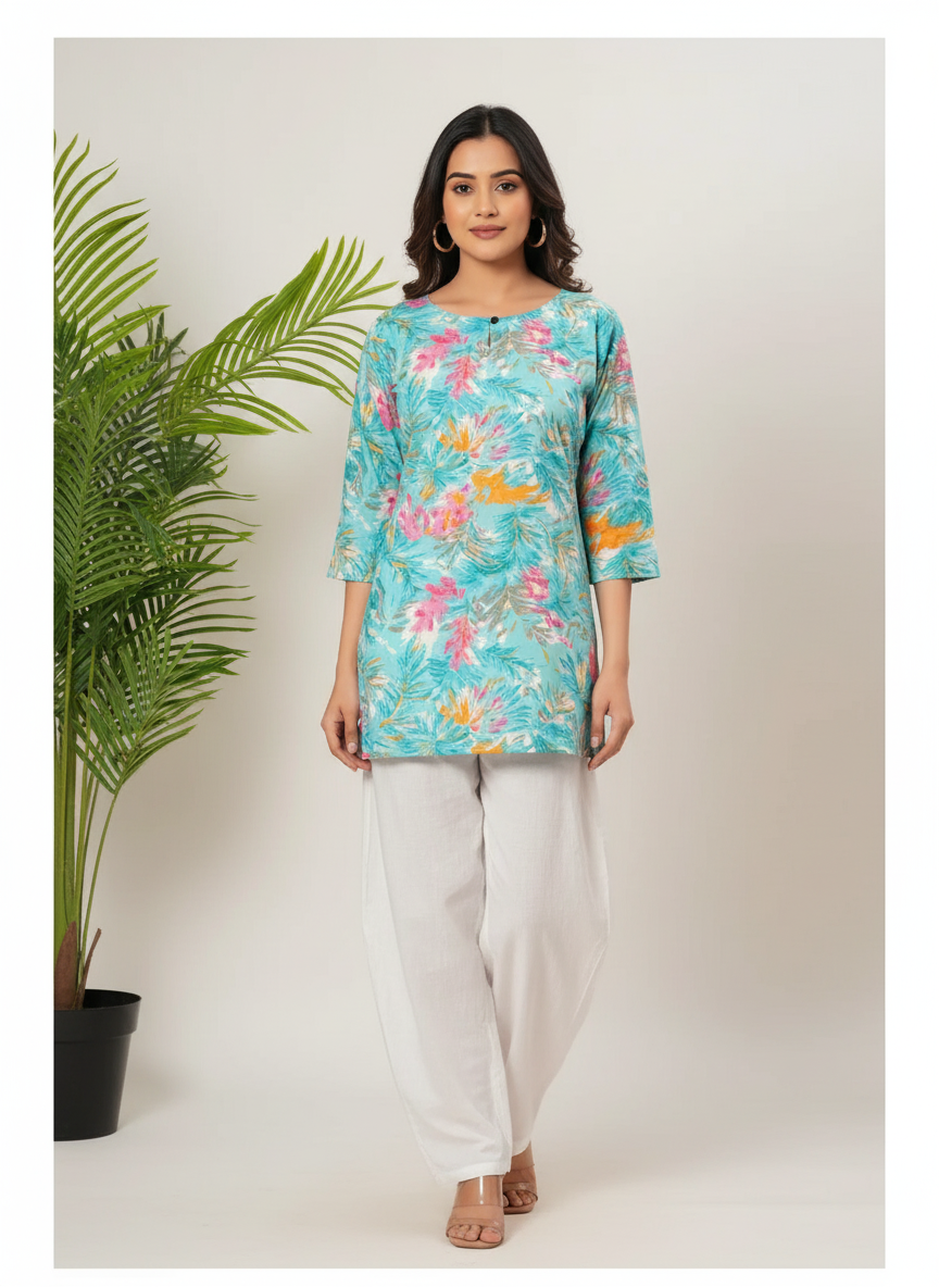 Turquoise Floral Cotton Straight Short kurti for Women