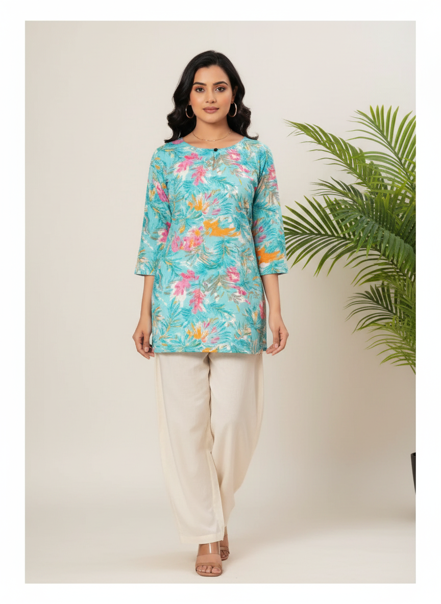 Turquoise Floral Cotton Straight Short kurti for Women