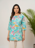 Turquoise Floral Cotton Straight Short kurti for Women