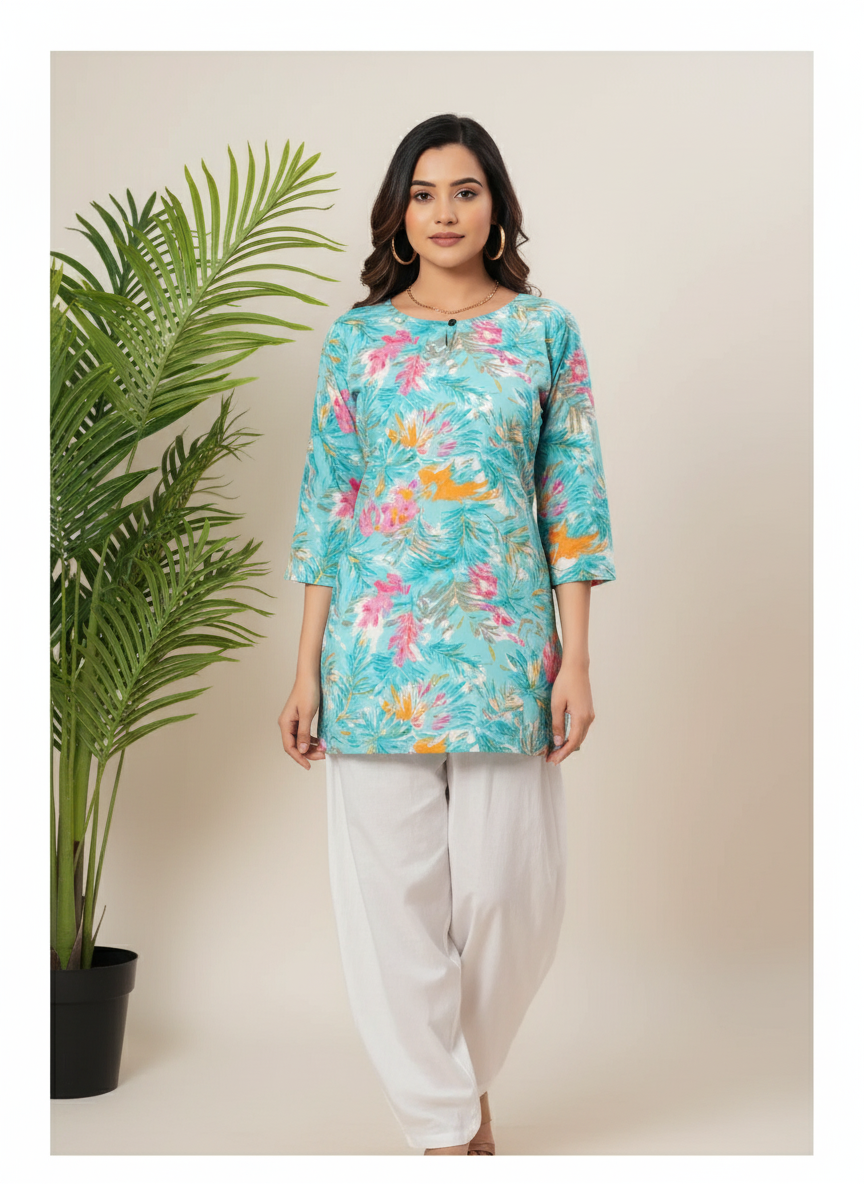 Turquoise Floral Cotton Straight Short kurti for Women