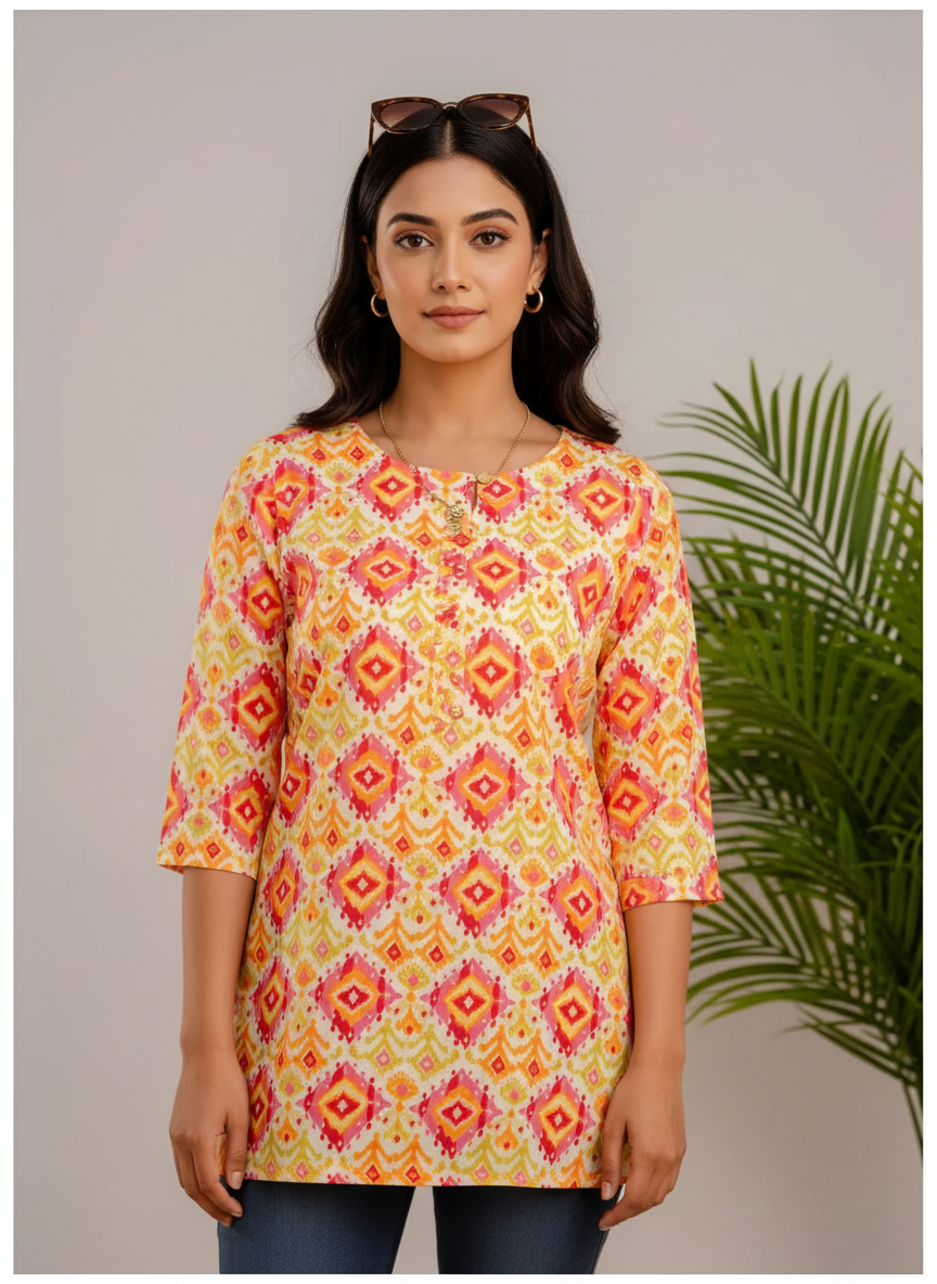 Multicolor Geometric Print Cotton Kurti Top for Women
