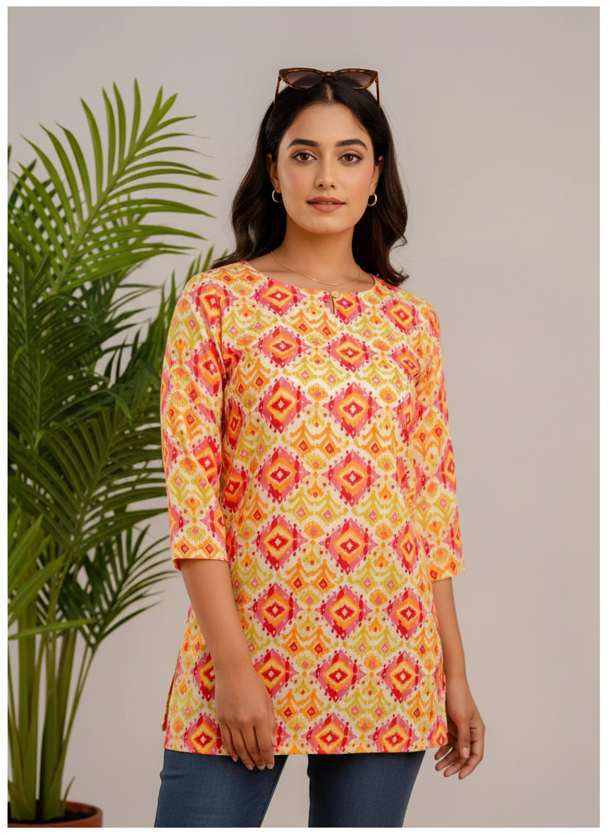 Multicolor Geometric Print Cotton Kurti Top for Women