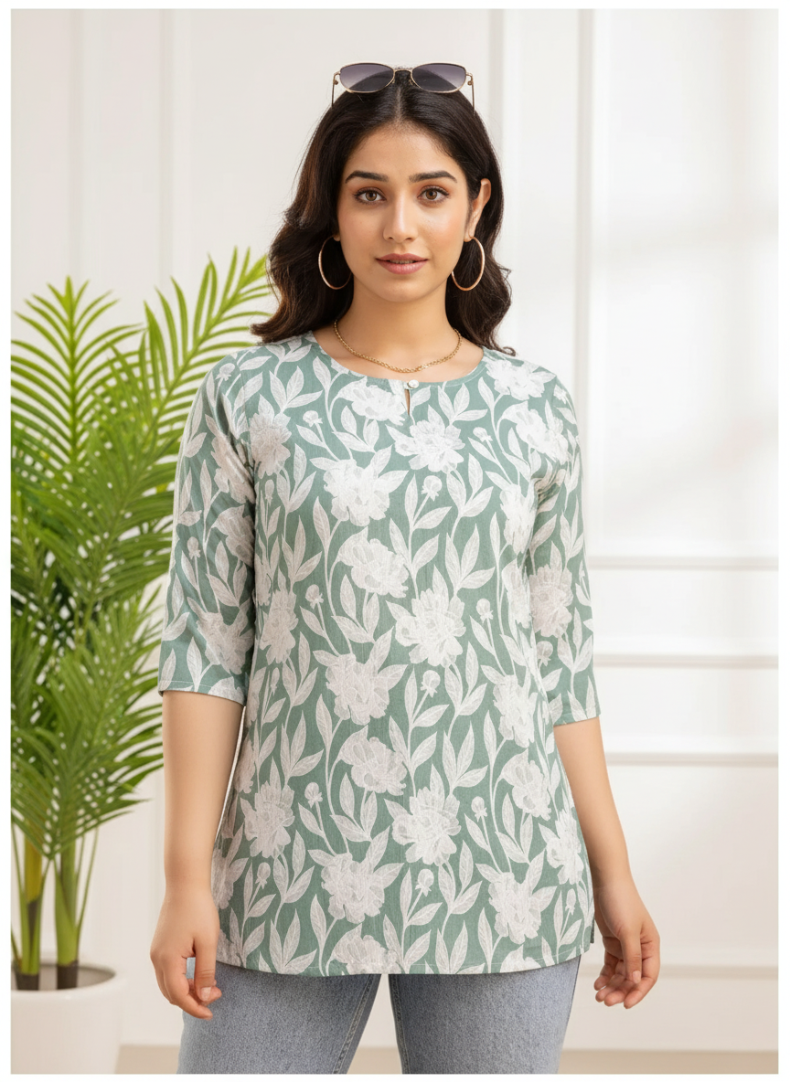 Sage Green Floral Print Cotton Kurti Top for Women